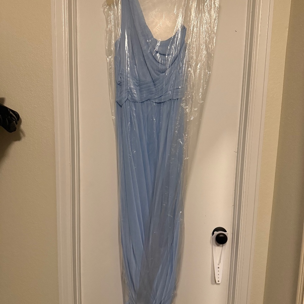David’s Bridal Bridesmaid Dress Long Mesh One Shoulder Icy Blue Size 14